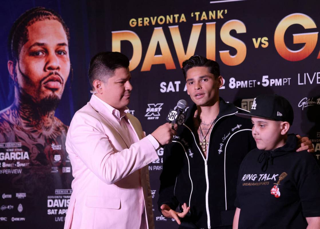 Ryan Garcia, center, talks to Premier Boxing Champions host Ray Flores during his grand arrival ...