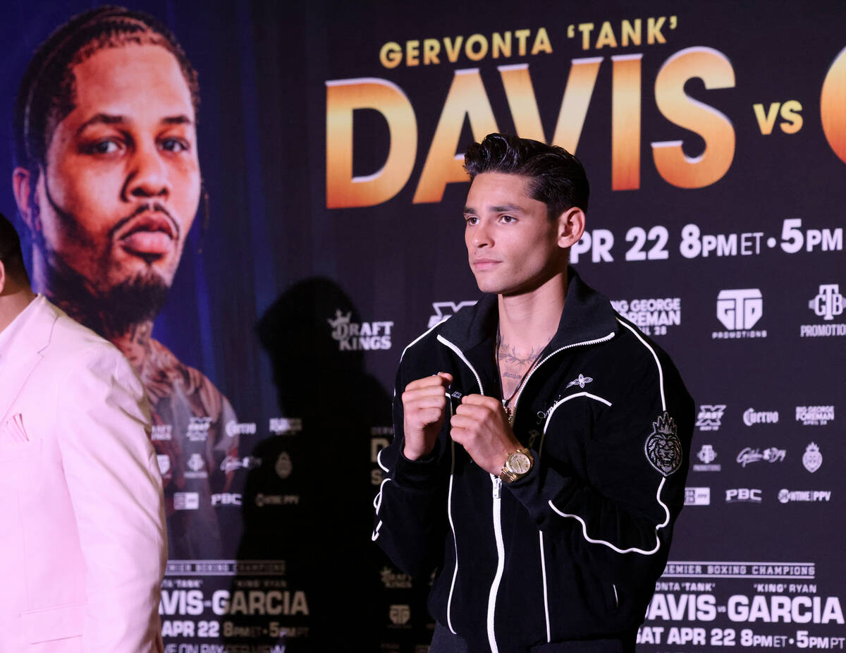 Ryan Garcia, right, poses for the crowd during his grand arrival at MGM Grand Tuesday, April 18 ...