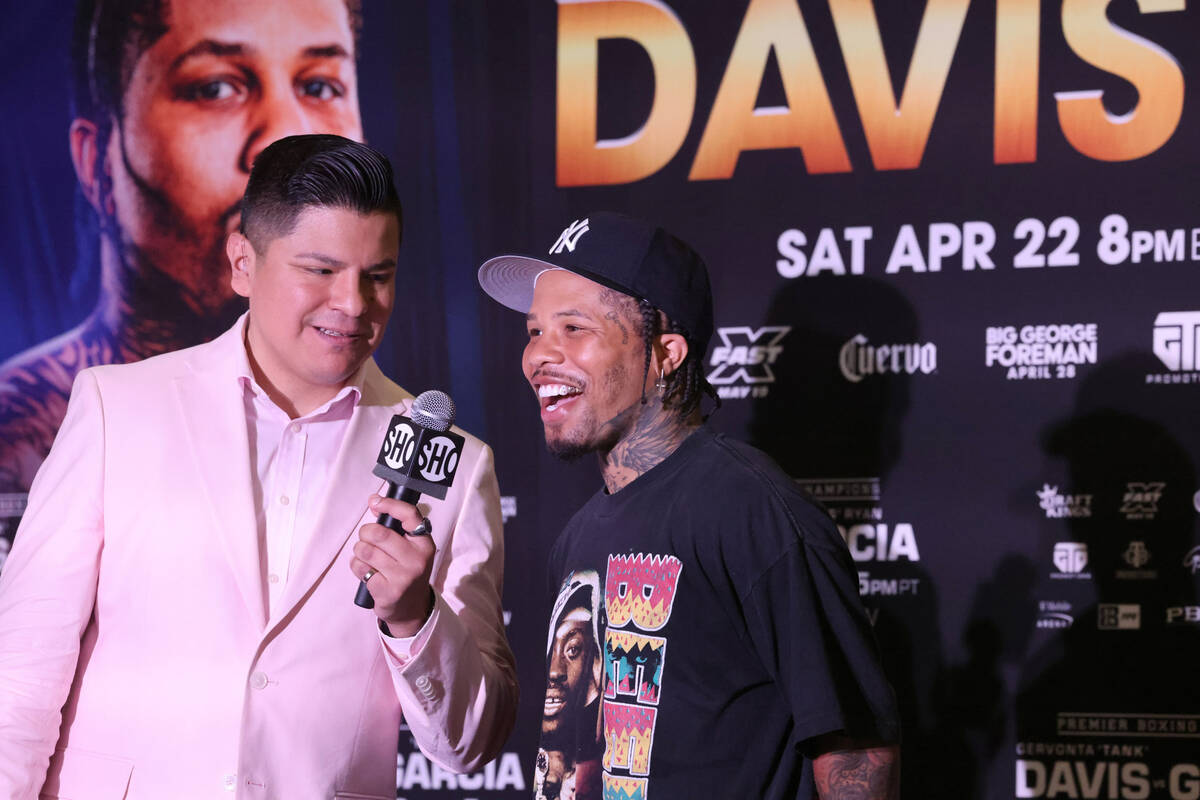 Gervonta Davis, right, talks to Premier Boxing Champions host Ray Flores during his grand arriv ...