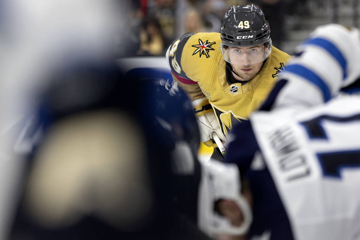 Golden Knights center Ivan Barbashev (49) faces off during the first period of Game 2 of an NHL ...