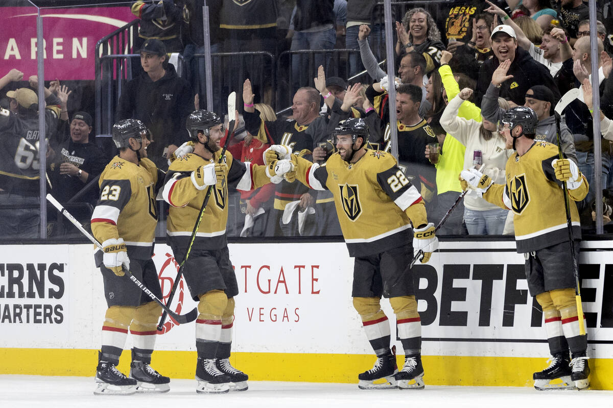 Golden Knights defenseman Alec Martinez (23), defenseman Alex Pietrangelo (7), right wing Micha ...