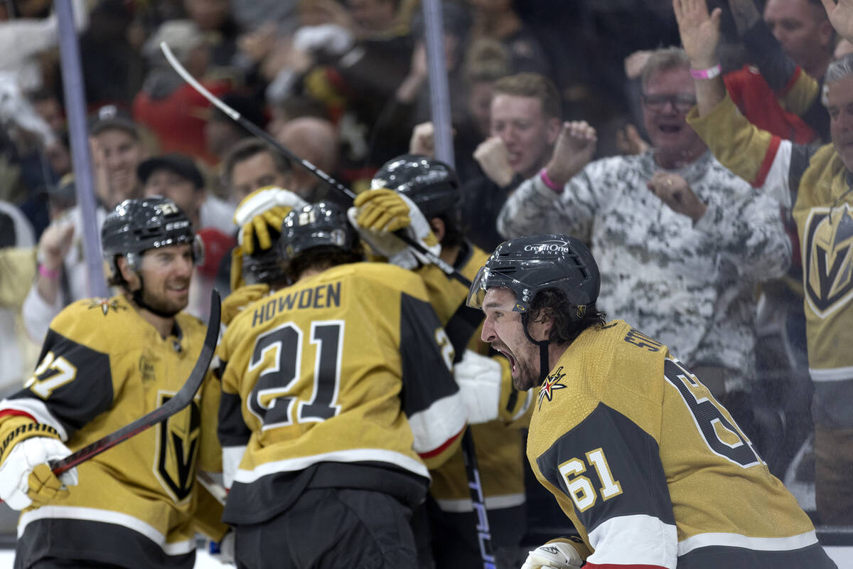 Golden Knights right wing Mark Stone (61) celebrates after scoring during the third period of G ...