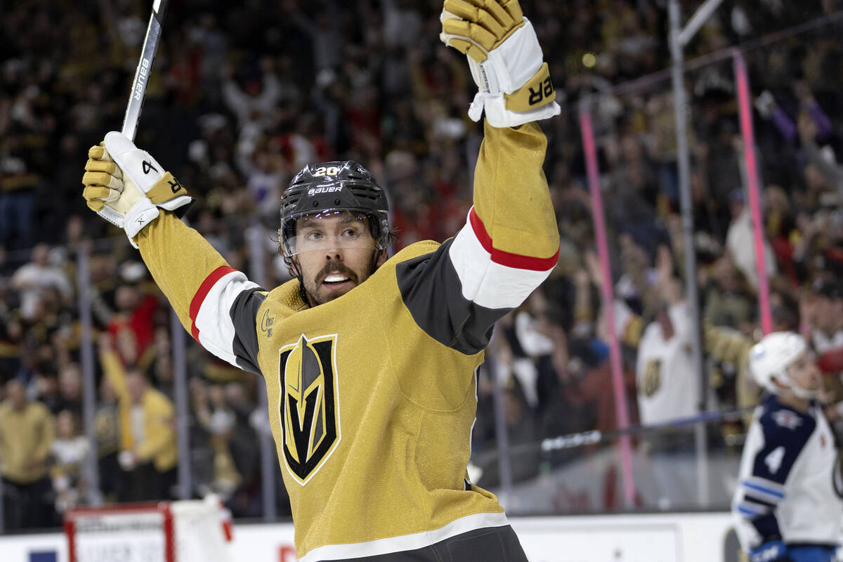 Golden Knights center Chandler Stephenson (20) celebrates after scoring during the third period ...