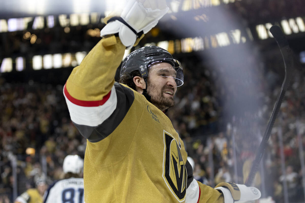 Golden Knights right wing Mark Stone (61) celebrates after center Chandler Stephenson, out of f ...