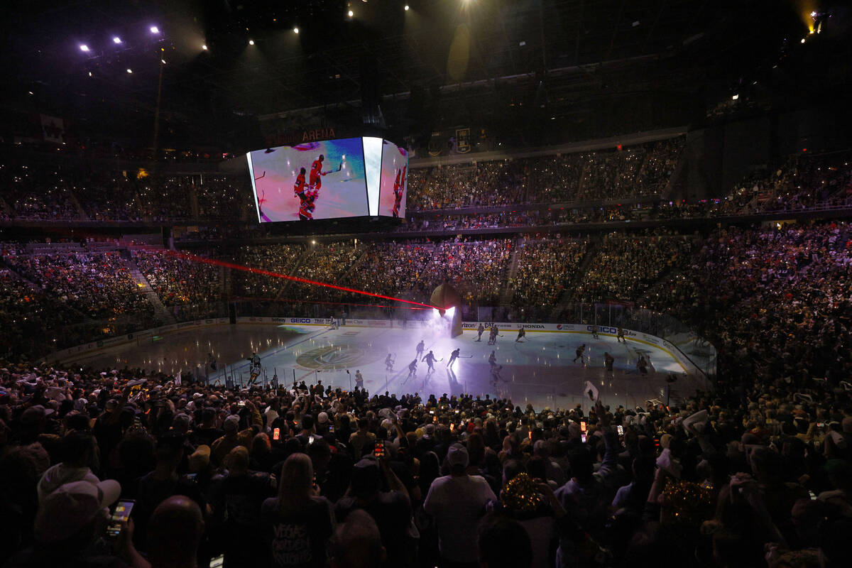 Golden Knights players come out during introductions before the first period of Game 2 of an NH ...