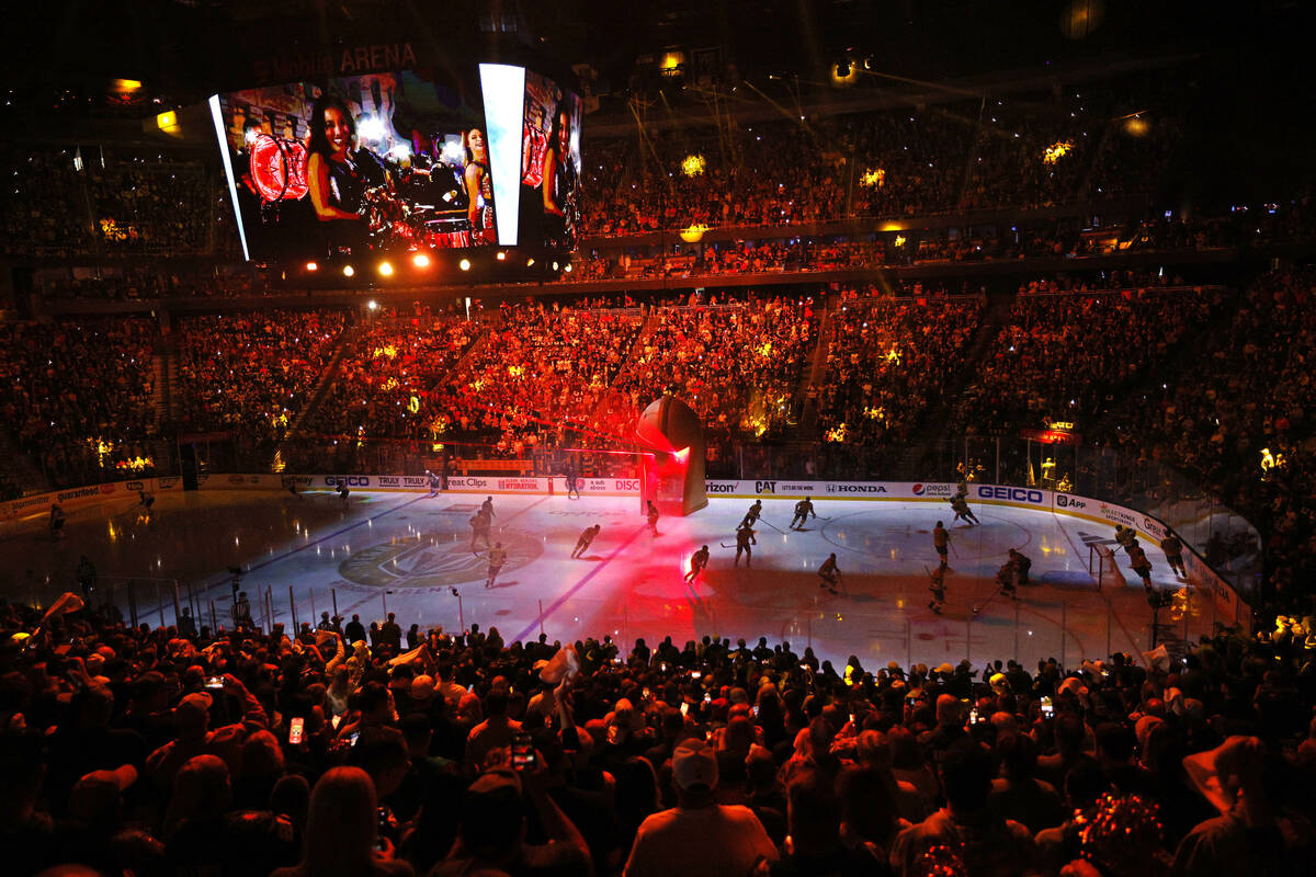 Golden Knights players come out during introductions before the first period of Game 2 of an NH ...