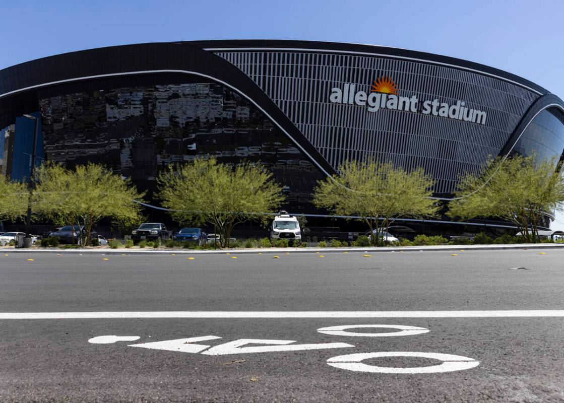 A designated bike travel path is seen outside of Allegiant Stadium after the unveiling ceremony ...