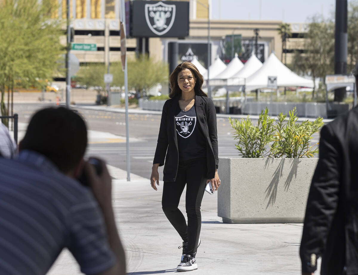 Raiders President Sandra Douglass Morgan arrives to participate in the unveiling ceremony for n ...
