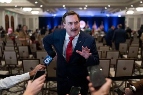 MyPillow chief executive Mike Lindell talks to reporters at the Republican National Committee w ...
