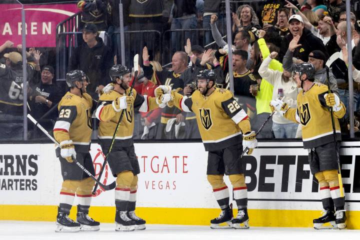 Golden Knights defenseman Alec Martinez (23), defenseman Alex Pietrangelo (7), right wing Micha ...