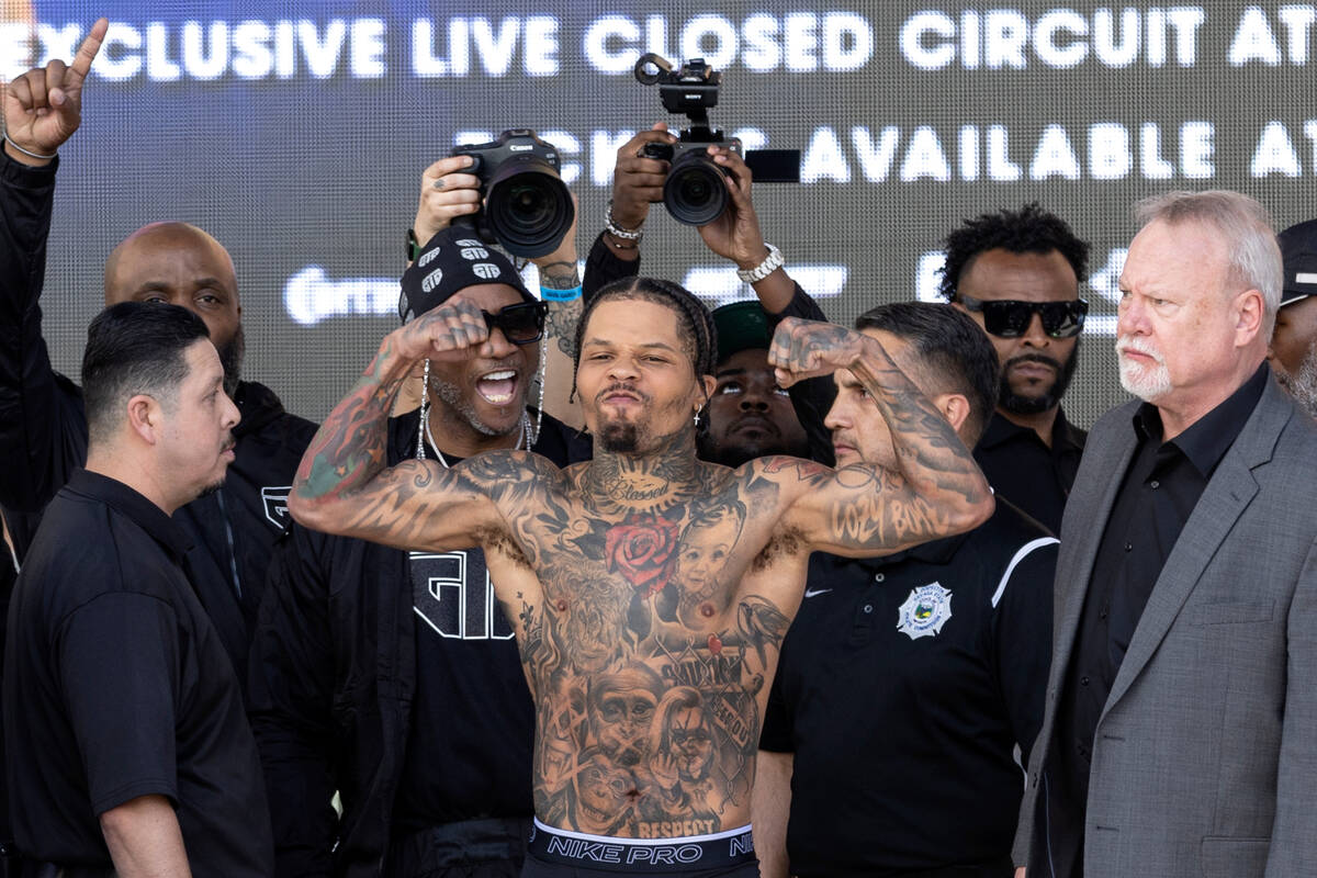 Gervonta Davis flexes during a weigh-in at Toshiba Plaza on Friday, April 21, 2023, in Las Vega ...