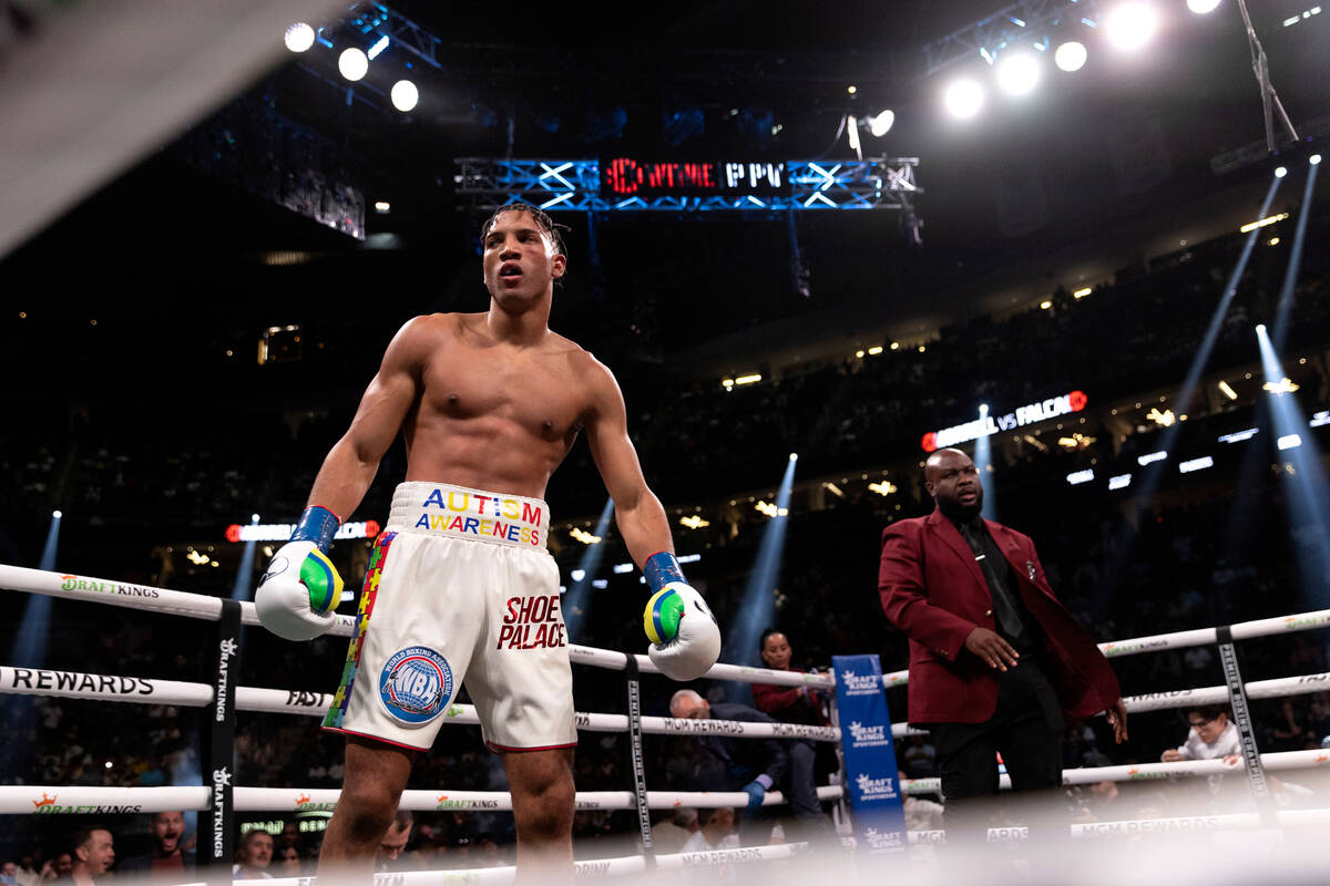 David Morrell Jr. reacts after knocking out Yamaguchi Falcao during a super middleweight boxing ...