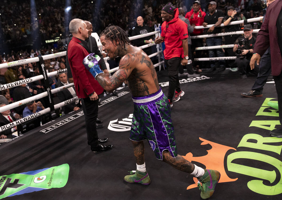 Gervonta Davis celebrates after winning his catchweight boxing bout against Ryan Garcia at T-Mo ...