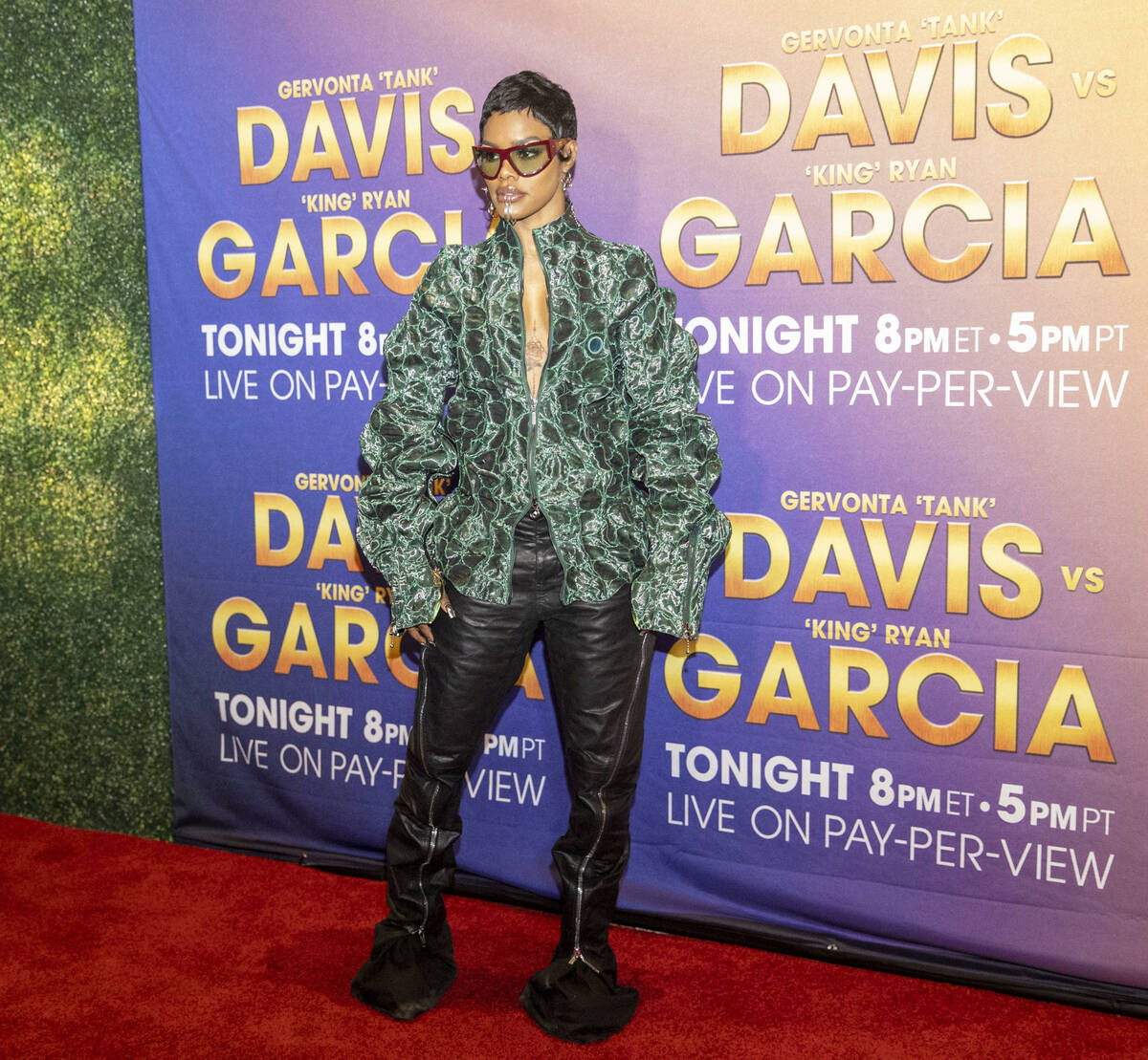 Performer Teyana Taylor poses on the red carpet prior to the Ryan Garcia-Gervonta Davis boxing ...