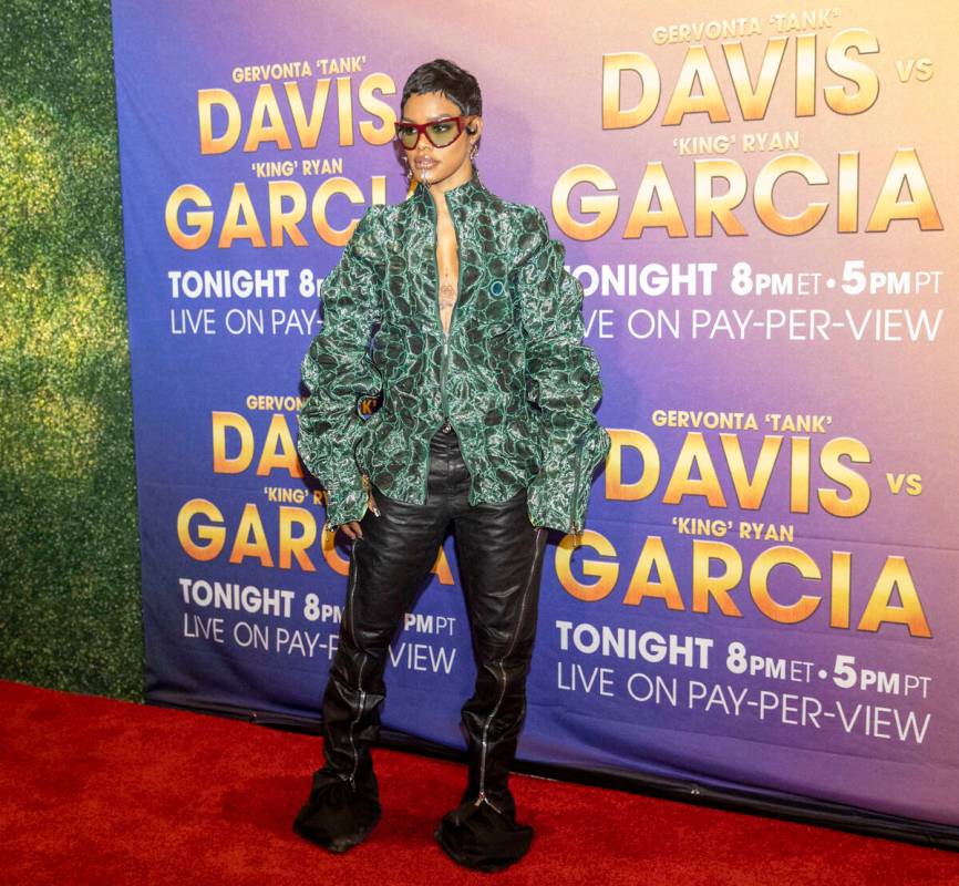 Performer Teyana Taylor poses on the red carpet prior to the Ryan Garcia-Gervonta Davis boxing ...