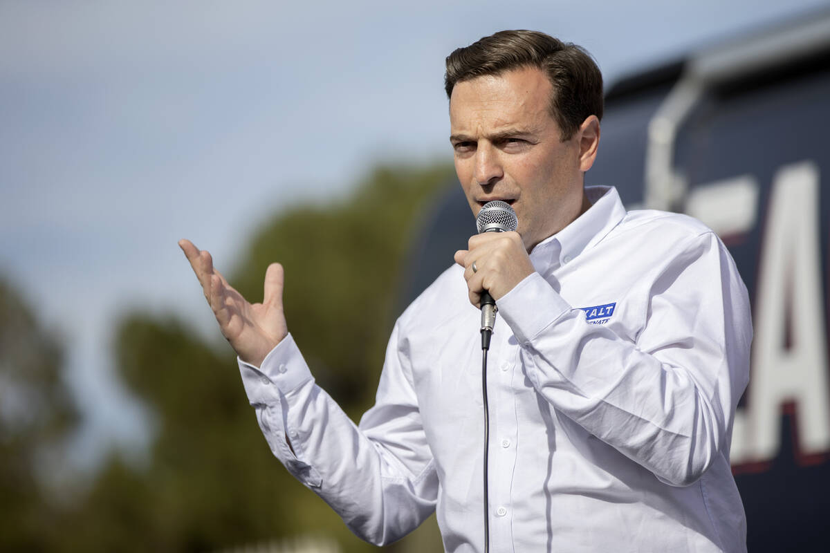 Adam Laxalt speaks during a campaign event in November 2022 in Las Vegas. (Ellen Schmidt/Las Ve ...