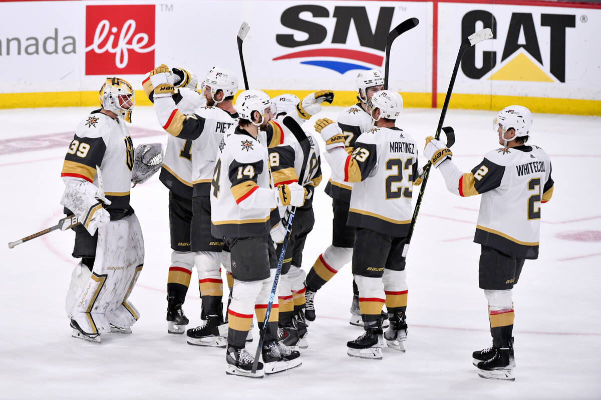 Vegas Golden Knights goaltender Laurent Brossoit (39) celebrates the victory over the Winnipeg ...