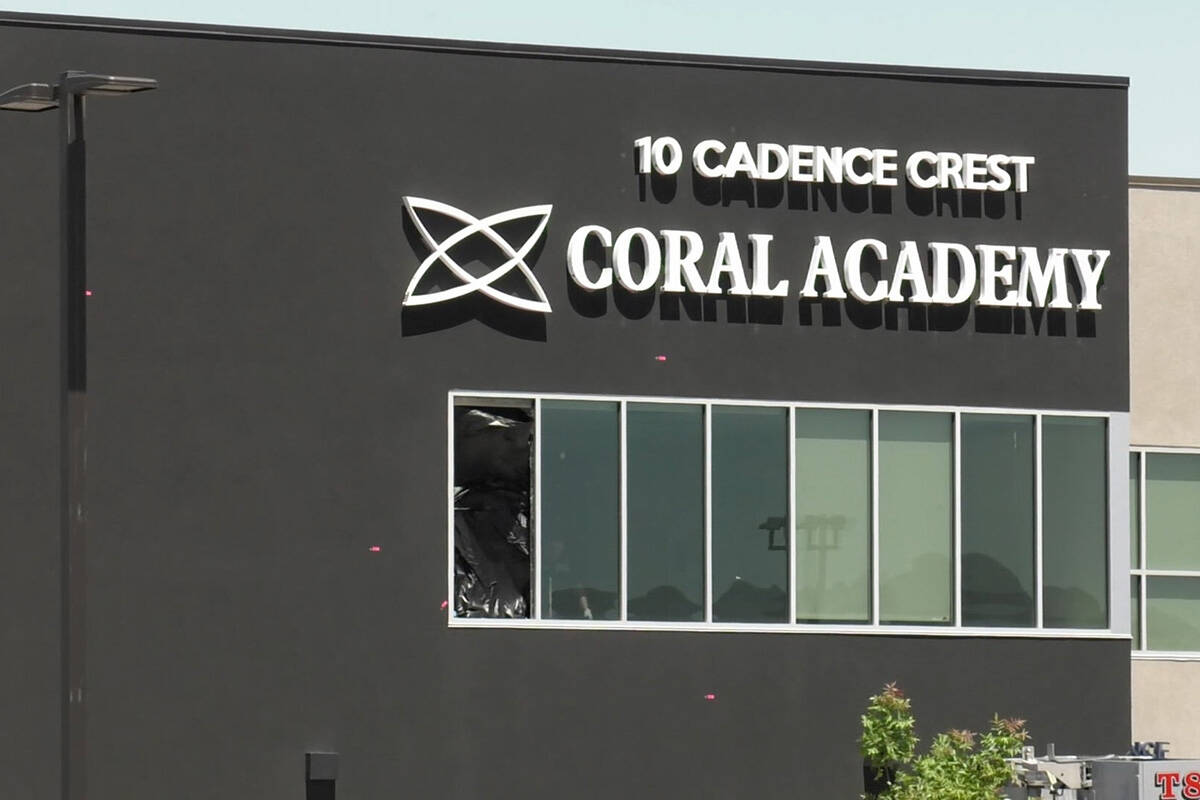 A window that was shot at is seen Tuesday, April 25, 2023, at the Coral Academy Caden ...