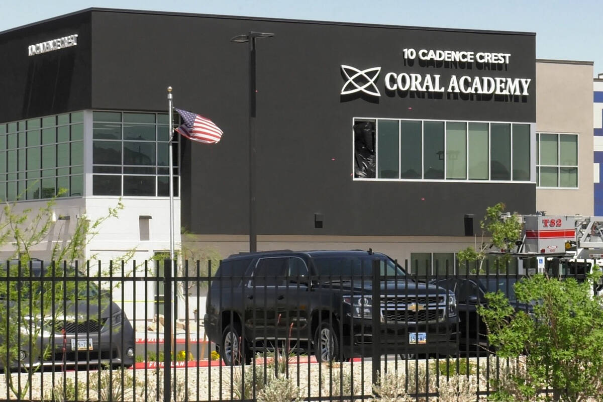 A window that was shot at is seen Tuesday, April 25, 2023, at the Coral Academy Caden ...