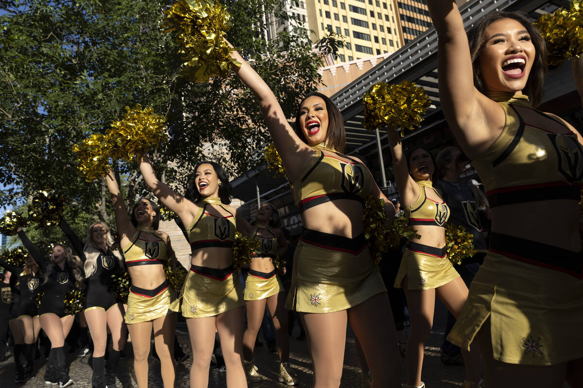 The Vegas Vivas march to T-Mobile Arena before Game 5 of an NHL hockey Stanley Cup first-round ...