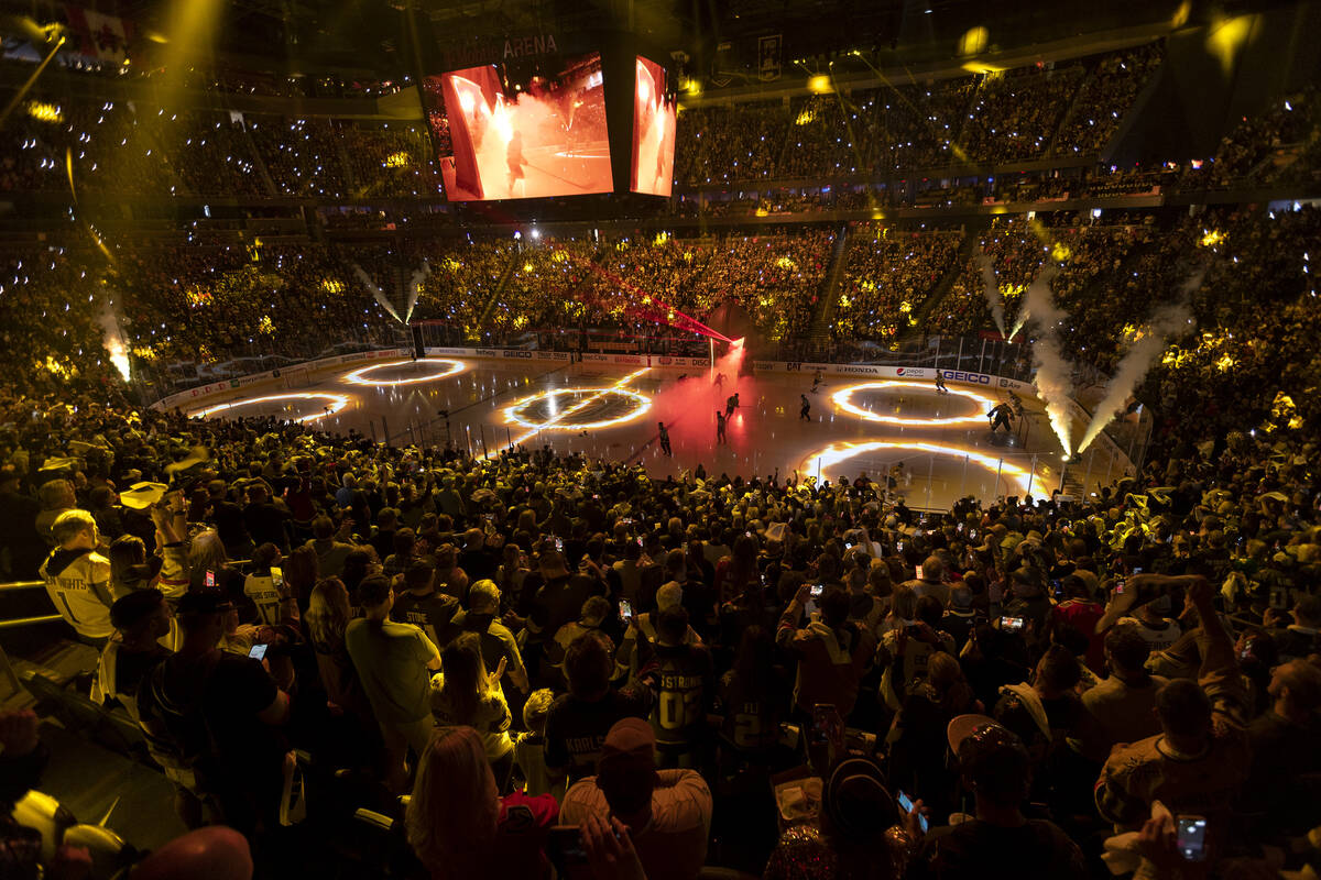 The Golden Knights take the ice before Game 5 of an NHL hockey Stanley Cup first-round playoff ...