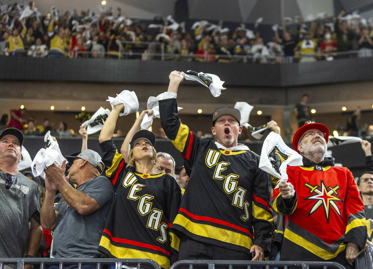 Golden Knights fans are pumped up during the first period in Game 5 of an NHL hockey Stanley Cu ...