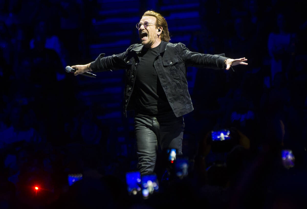 Bono of U2 performs at T-Mobile Arena in Las Vegas on Friday, May 11, 2018. (Chase Stevens/Las ...