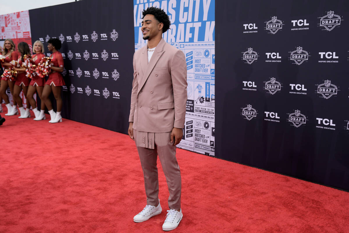 Alabama quarterback Bryce Young arrives on the red carpet before the first round of the NFL foo ...