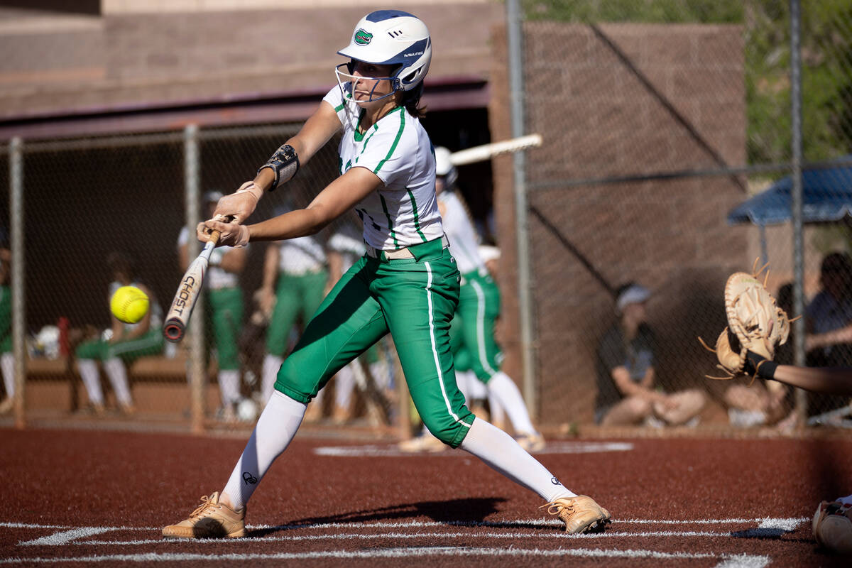 Green Valley pitcher Avari Morris bats against Faith Lutheran during a high school softball gam ...