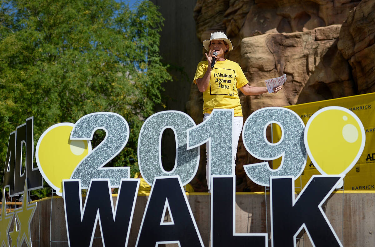 FILE - Rep. Susie Lee, D-Nev., speaks during the Anti-Defamation League Walk Against Hate at th ...