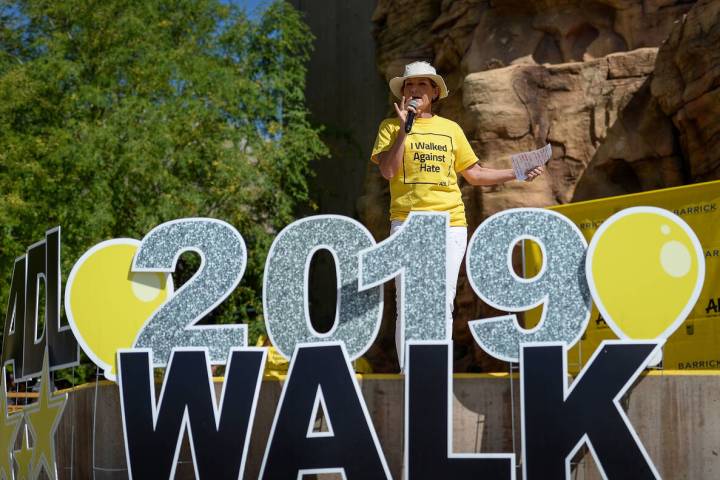 FILE - Rep. Susie Lee, D-Nev., speaks during the Anti-Defamation League Walk Against Hate at th ...