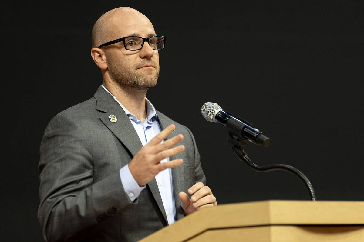 FILE - Las Vegas City Councilman Brian Knudsen speaks during a panel about projects planned for ...