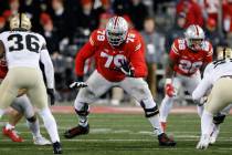 Ohio State offensive lineman Dawand Jones plays against Purdue during an NCAA college football ...