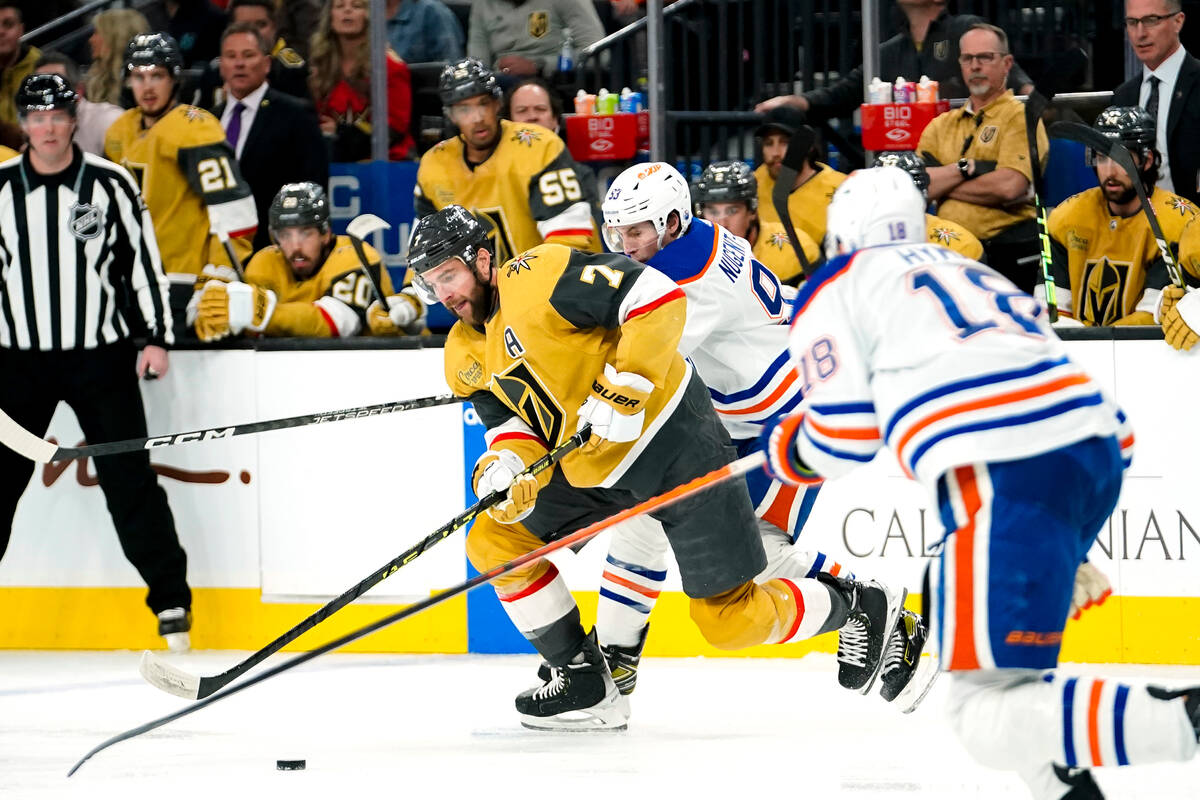 Vegas Golden Knights defenseman Alex Pietrangelo (7) works with the puck against Edmonton Oiler ...