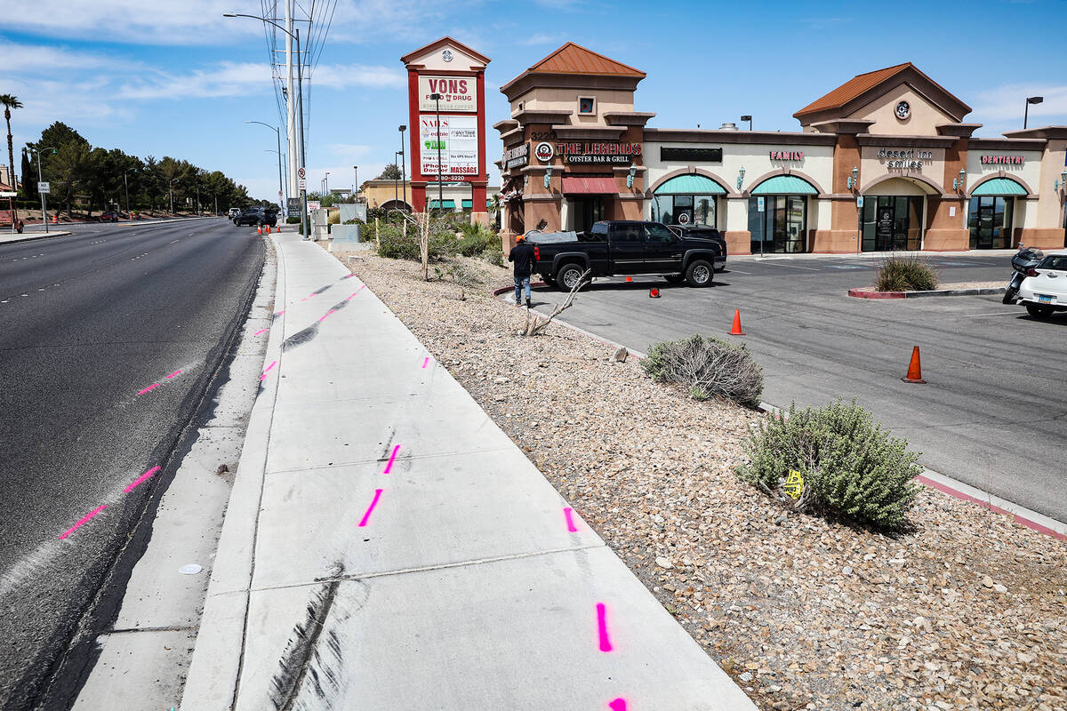 The scene of a fatal car crash outside The Legends Oyster Bar & Grill in Las Vegas, Sunday, ...