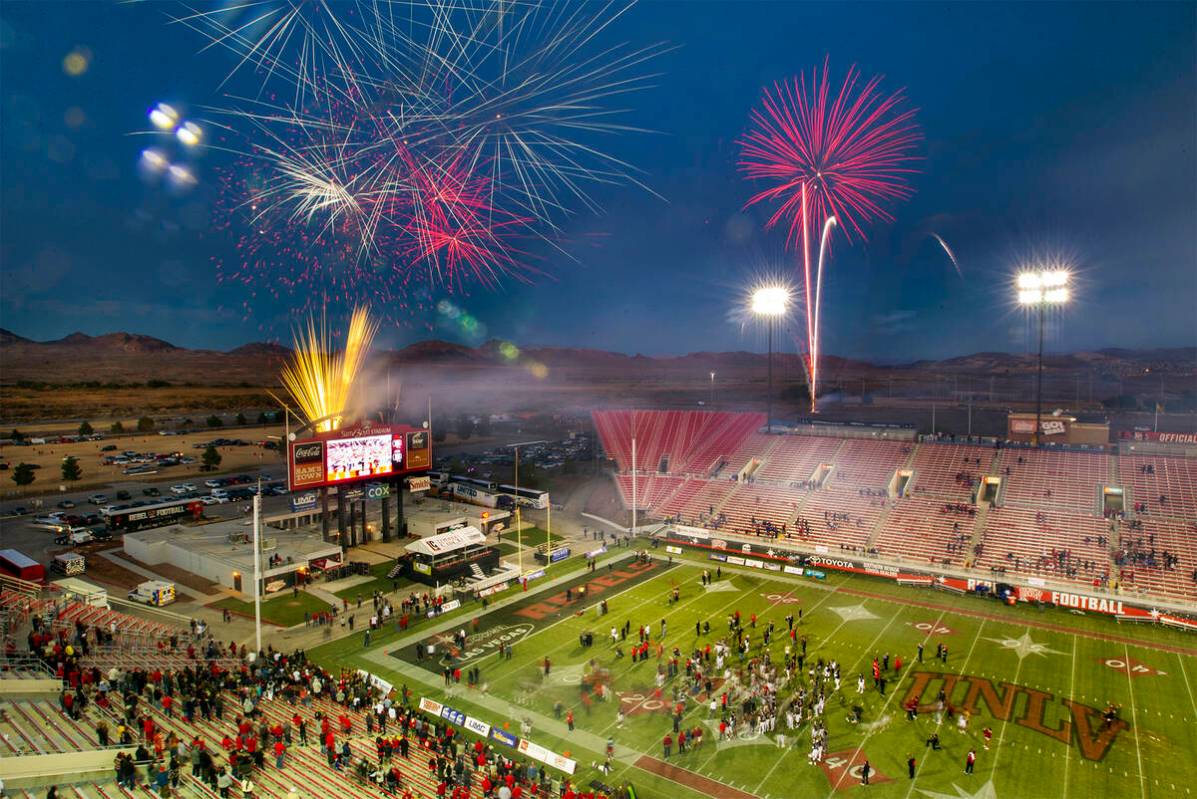 Fireworks erupt above Sam Boyd Stadium following the final game there as the UNLV Rebels defeat ...