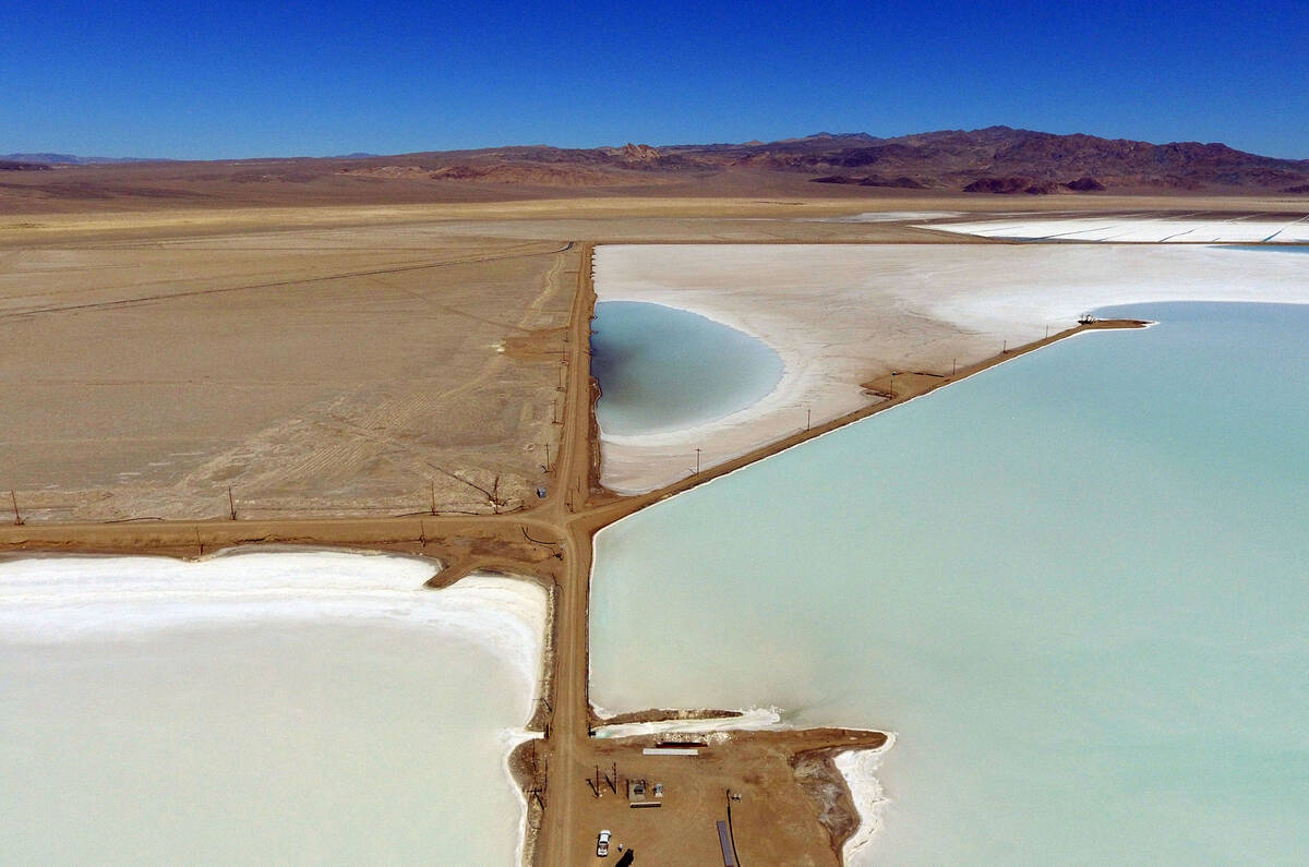 Lithium brine evaporation ponds at Albemarle's lithium mine in Silver Peak is seen in 2021. (Bi ...