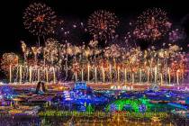 Fireworks light up the night sky above Electric Daisy Carnival on Monday, May 23, 2022, at Las ...