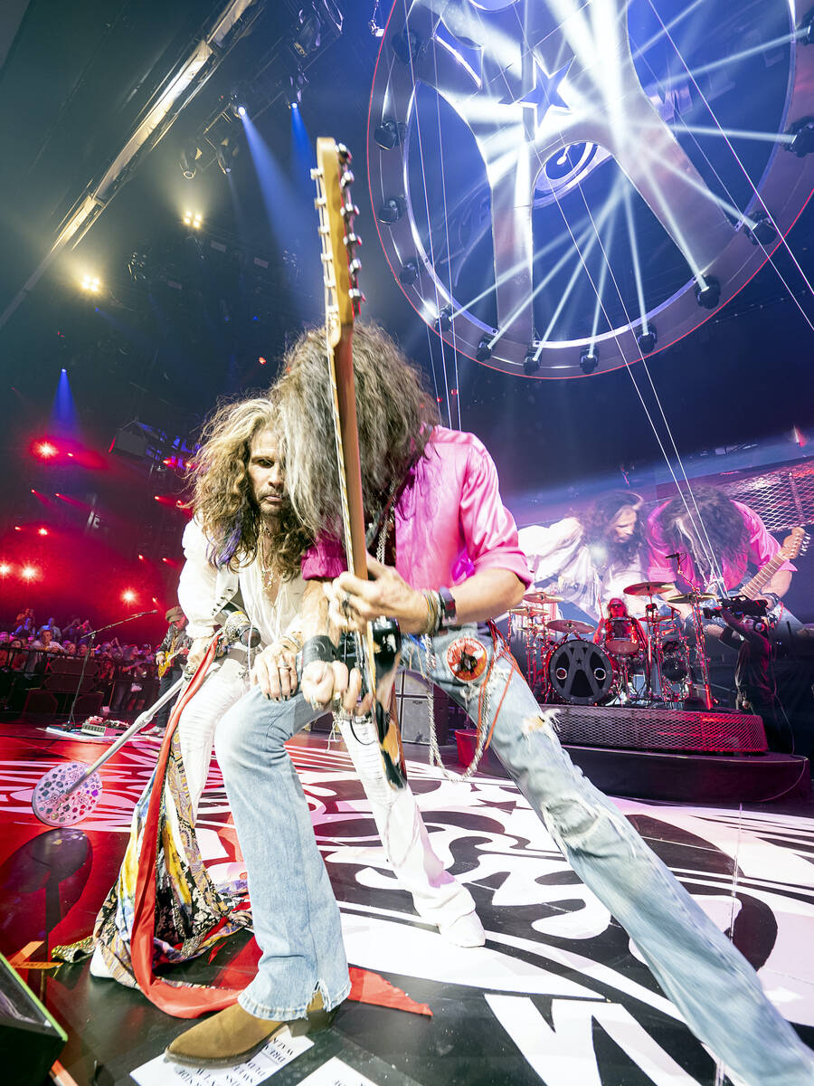 Steven Tyler and Joe Perry perform during the return of "Deuces Are Wild" at Dolby Live at Park ...