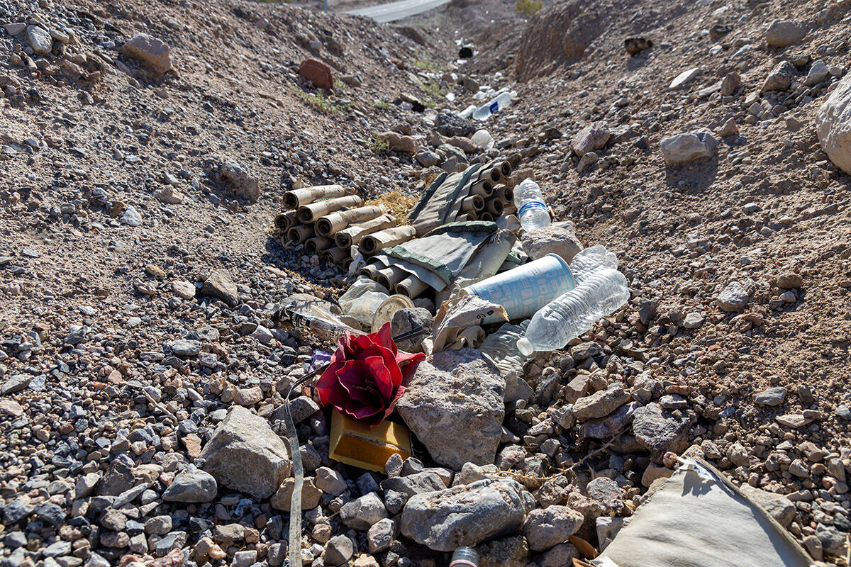 A pile of trash sits near the base of Frenchman Mountain, east of Sunrise Manor, on May 1, 2023 ...