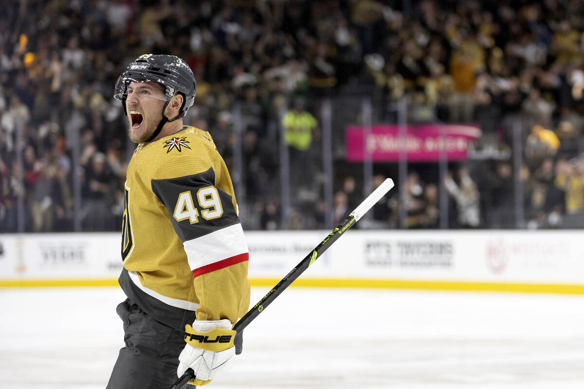 Golden Knights center Ivan Barbashev (49) celebrates after scoring during the first period in G ...