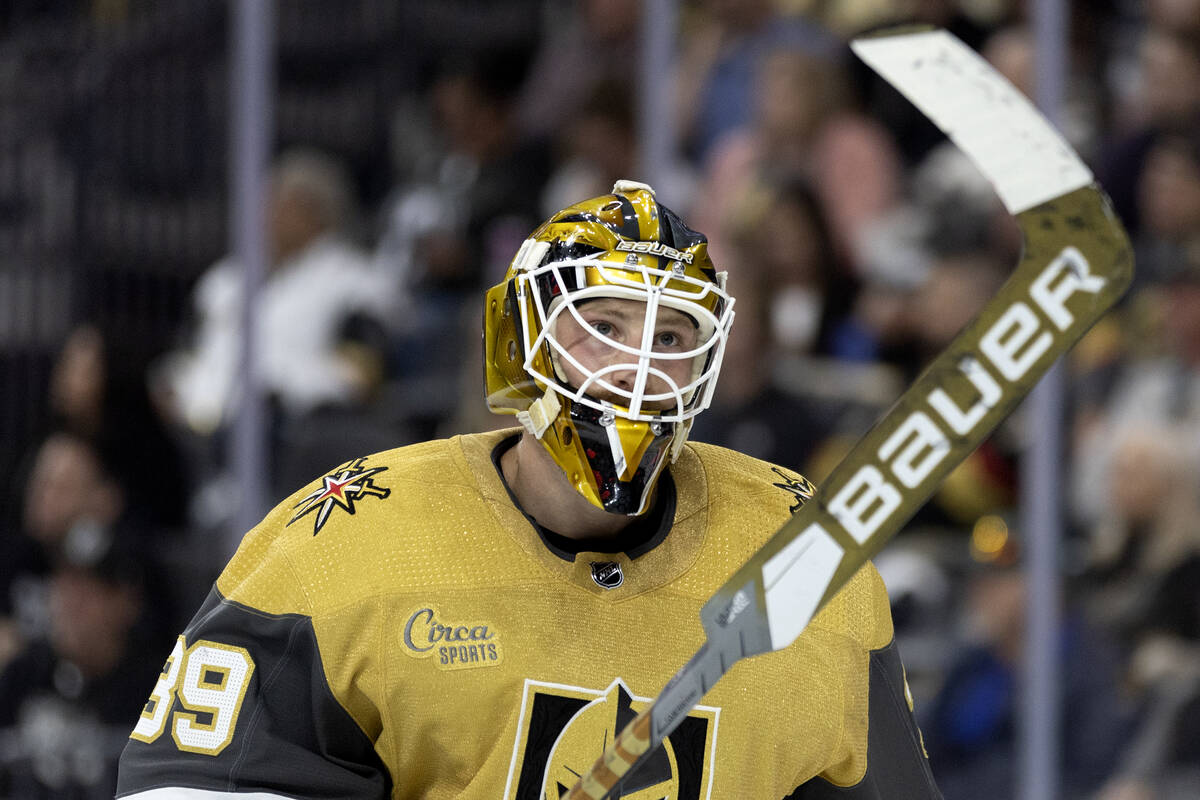 Golden Knights goaltender Laurent Brossoit (39) skates in between play during the second period ...