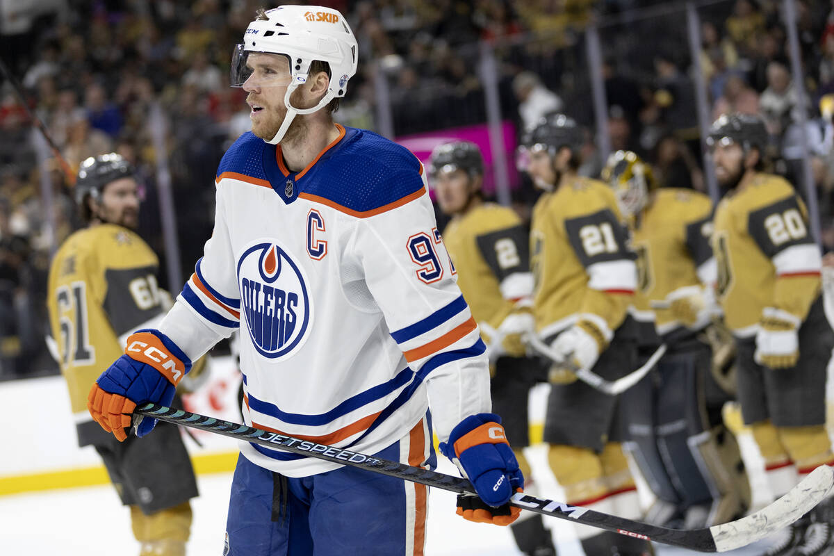 Edmonton Oilers center Connor McDavid (97) skates for the bench after Golden Knights goaltender ...