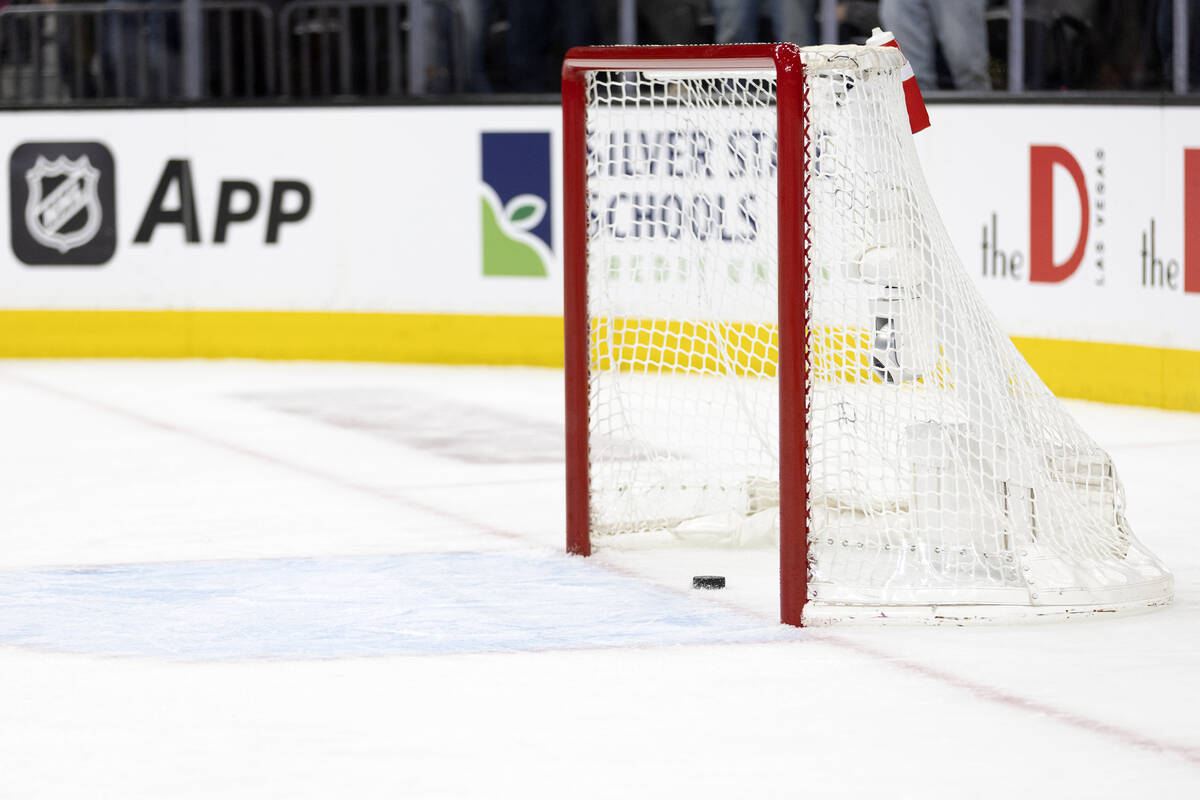 Golden Knights center Jack Eichel, out of frame, scores on the Edmonton Oilers’ empty ne ...