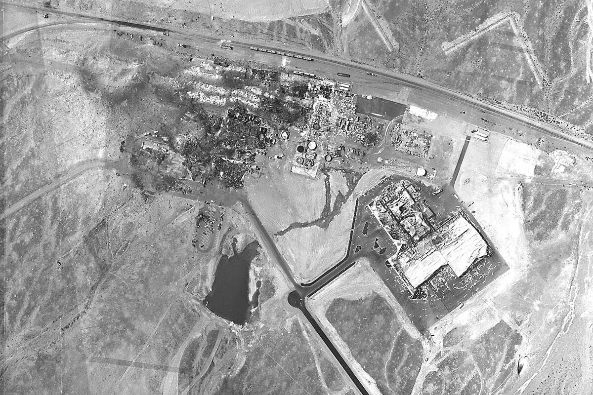 An aerial photo of the PEPCON site after the May 4, 1988 explosions. (Las Vegas Review-Journal)