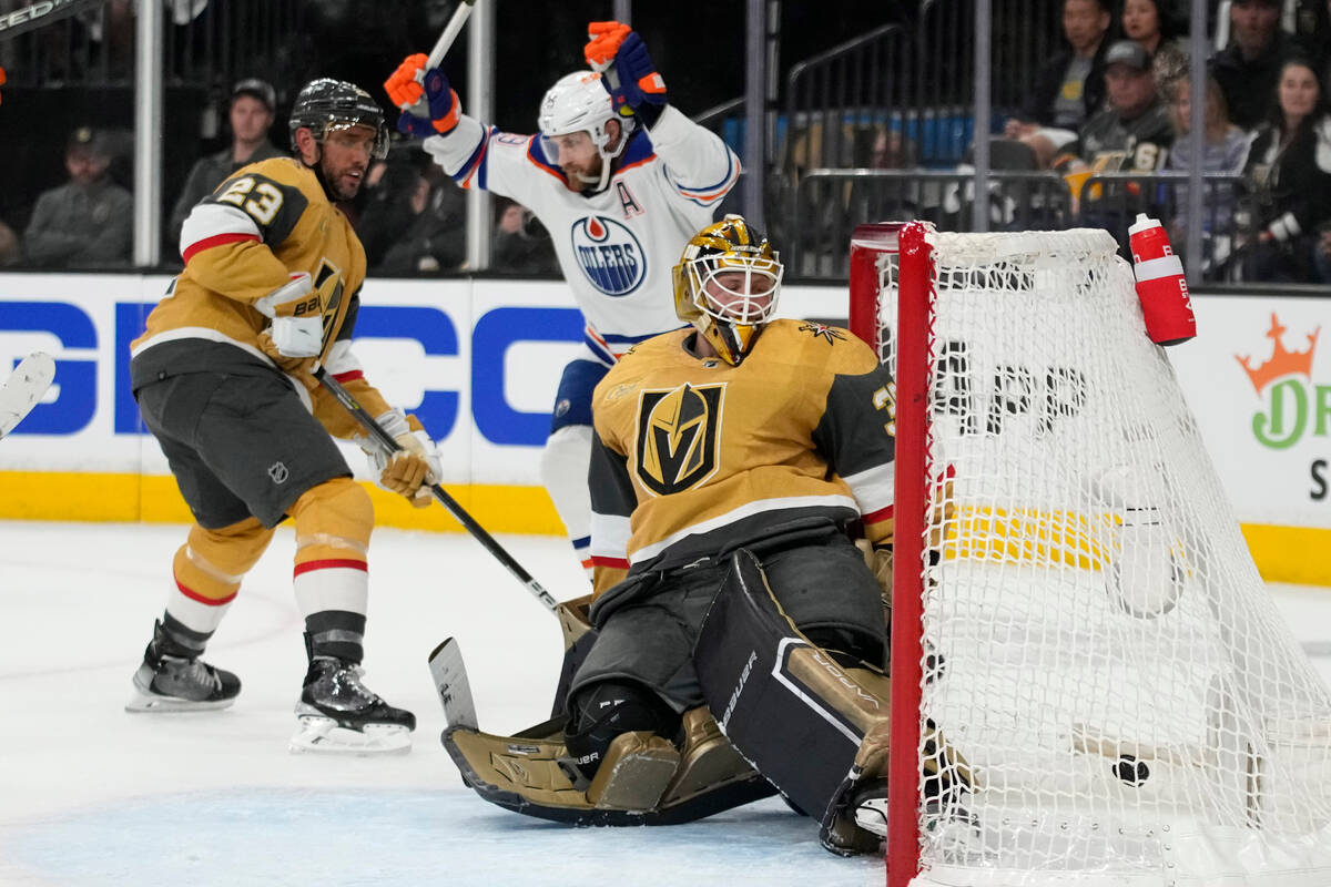 Edmonton Oilers center Leon Draisaitl (29) celebrates after scoring against Vegas Golden Knight ...