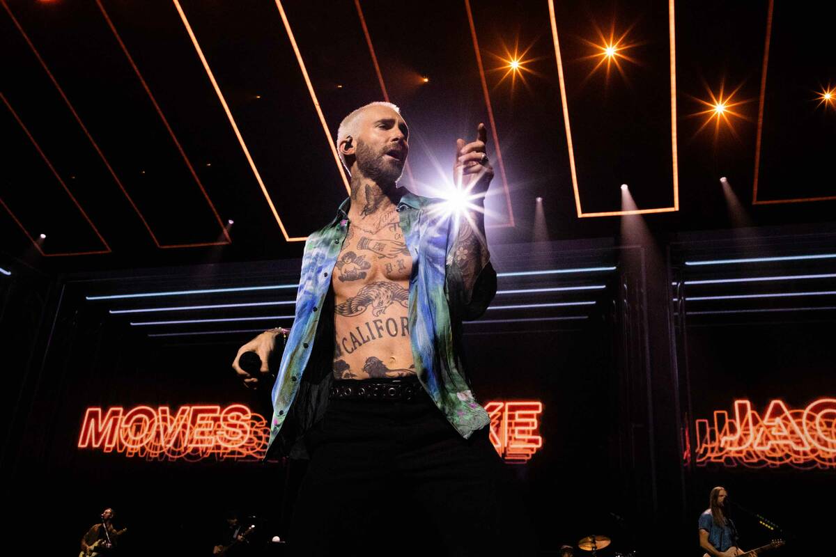 Adam Levine is shown at Maroon 5's "M5LV" show at Dolby Live at Park MGM on Saturday, March 25, ...