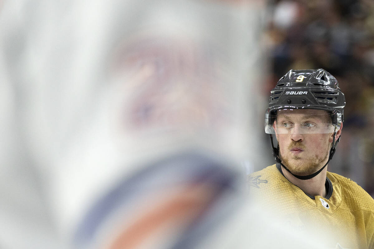 Golden Knights center Jack Eichel (9) prepares to face off while Edmonton Oilers center Leon Dr ...