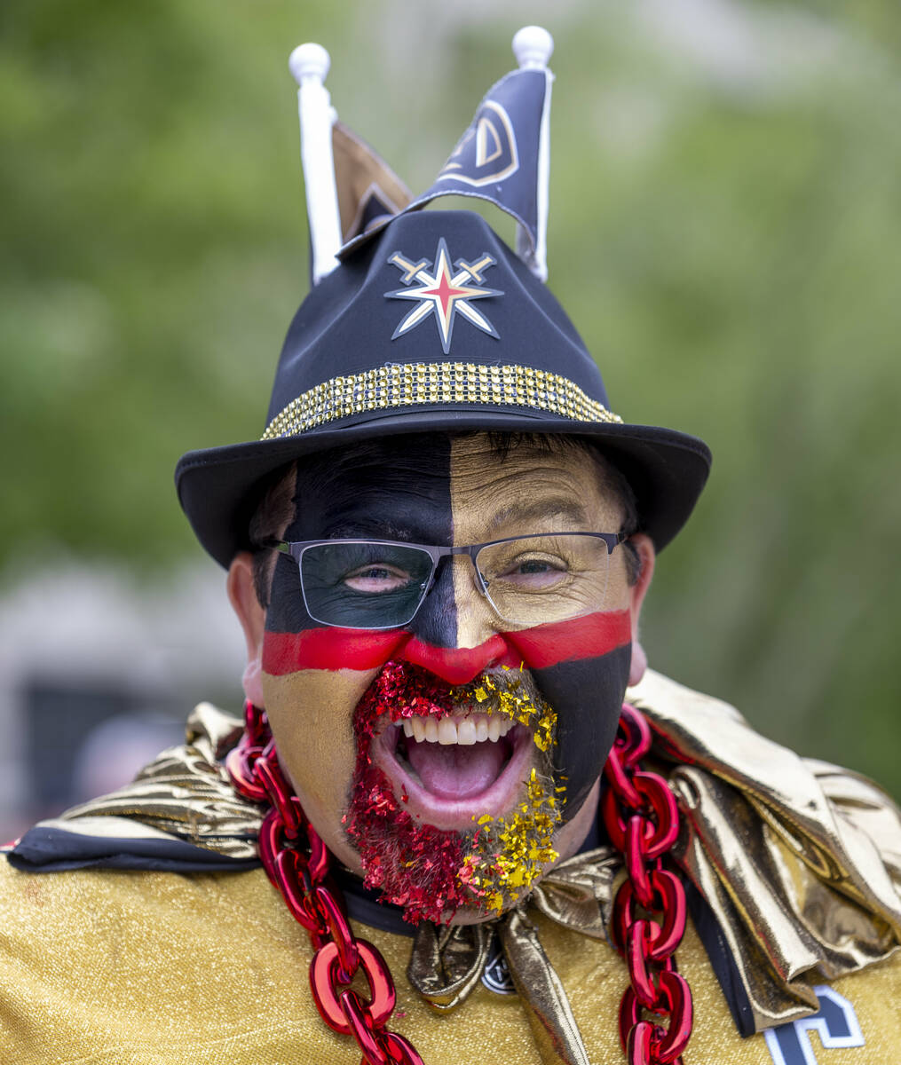 Golden Knights fan Albert Ronquillo celebrates outside before Game 2 of an NHL hockey Stanley C ...