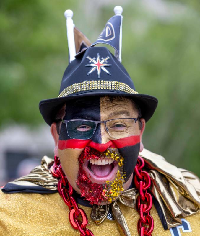 Golden Knights fan Albert Ronquillo celebrates outside before Game 2 of an NHL hockey Stanley C ...